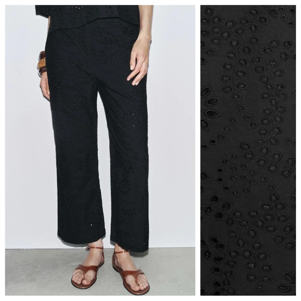 NWT. Zara ZW Collection Black Cutwork Embroider Mid-Waist Trousers. Size XL.
